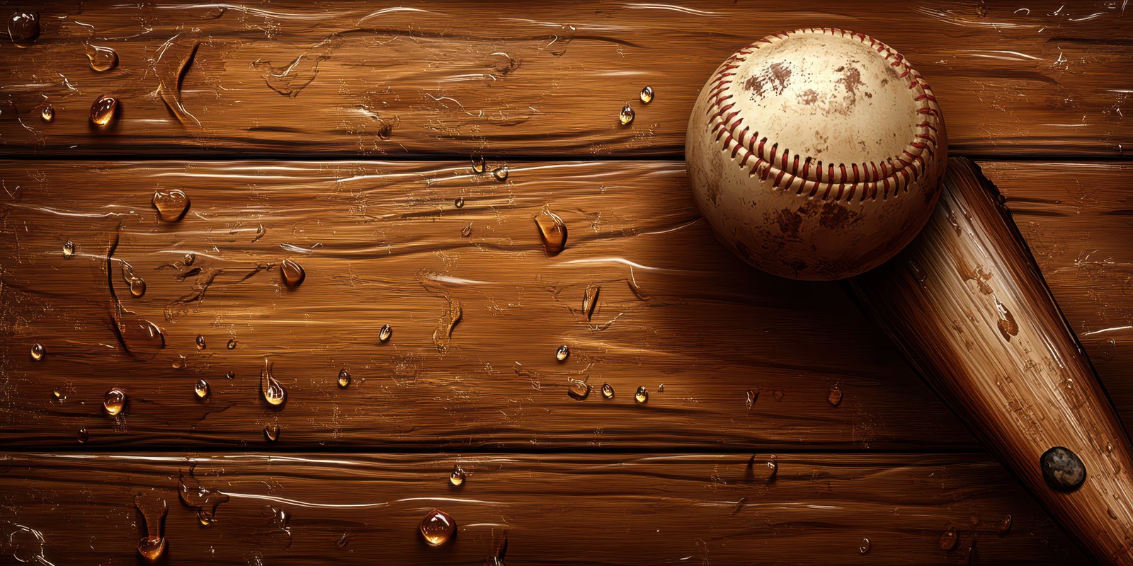 Baseball bat and ball resting on a wooden surface after a rain shower in a training area